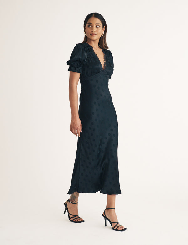 Nobody’s Child Black Polka Dot Jacquard Angela Midi Dress