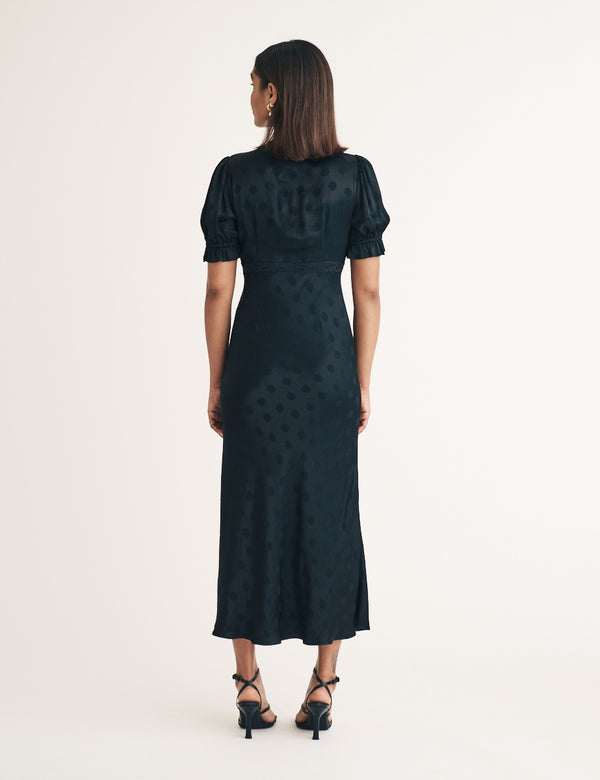 Nobody’s Child Black Polka Dot Jacquard Angela Midi Dress
