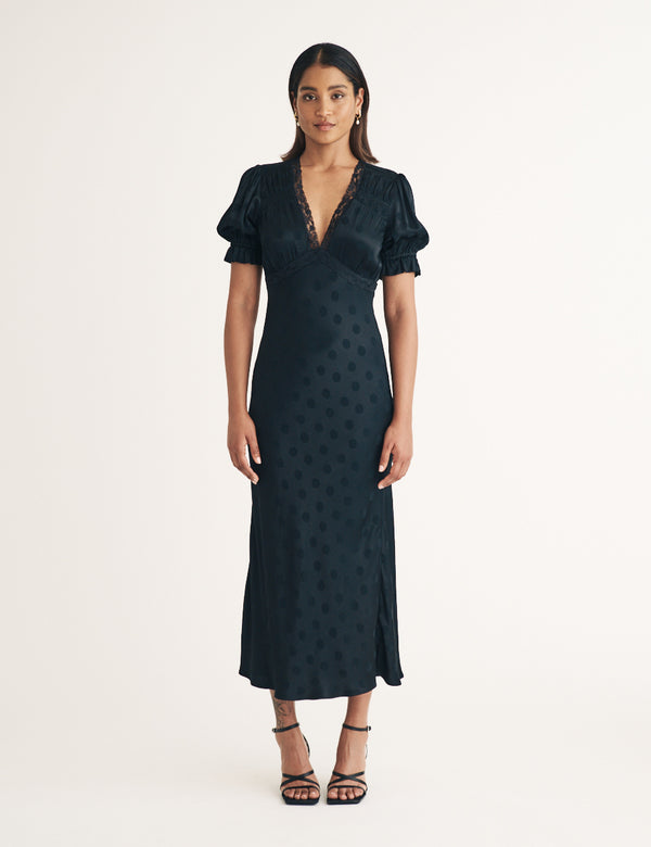 nobody’s child Black Polka Dot Jacquard Angela Midi Dress