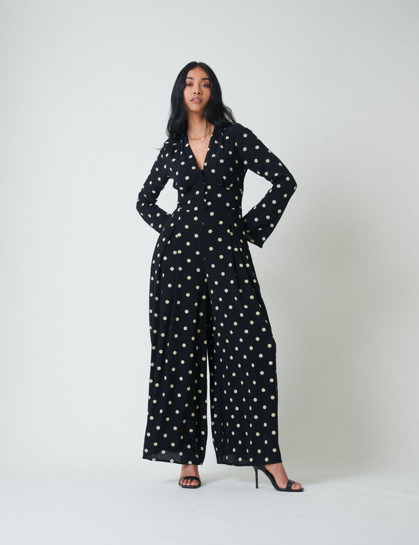 Nobody’s Child Black Polka Dot Long Sleeve Jumpsuit