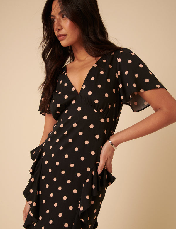 Nobody’s Child Black Polka Dot Ruffle Lyndsey Midi Dress