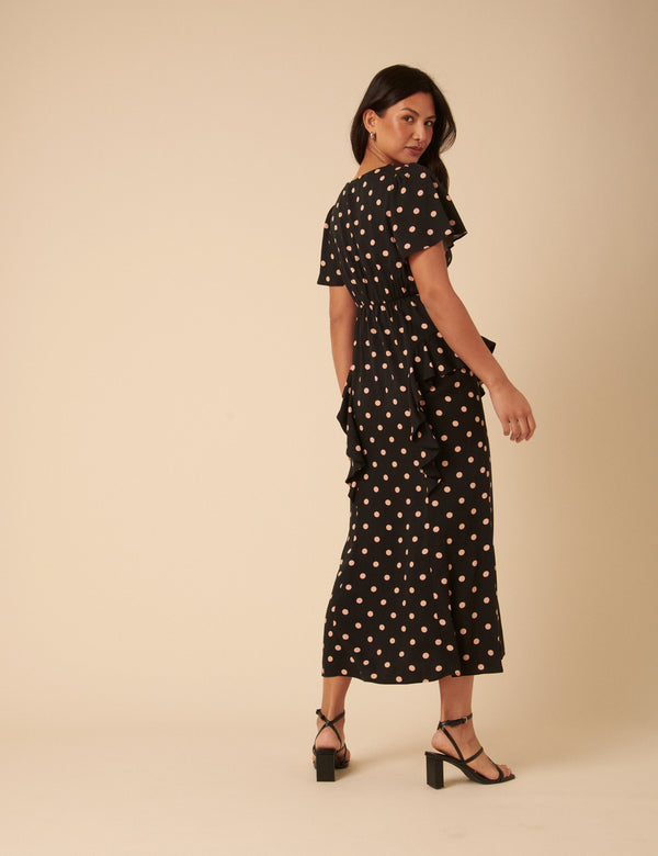 Nobody’s Child Black Polka Dot Ruffle Lyndsey Midi Dress