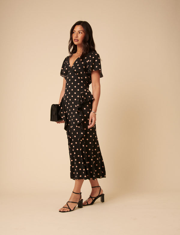 nobody’s child Black Polka Dot Ruffle Lyndsey Midi Dress