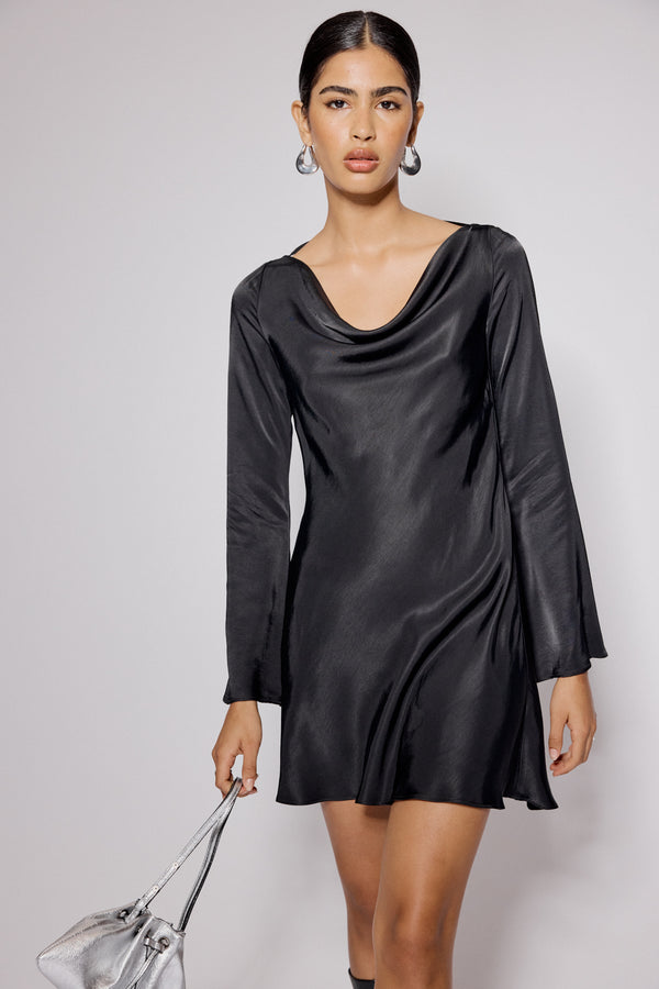 Nobody’s Child Black Satin Cowl Neck Leighton Mini Dress