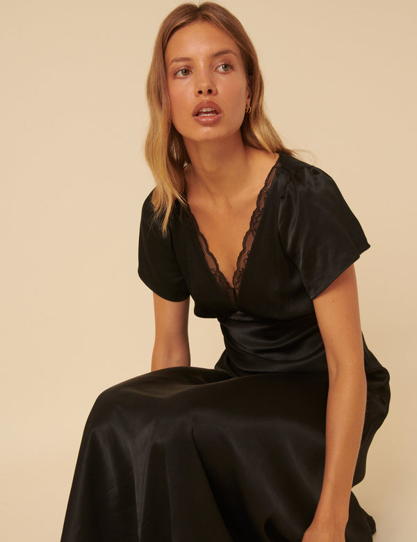 Nobody’s Child Black Satin Lace Detail Sienna Midi Dress