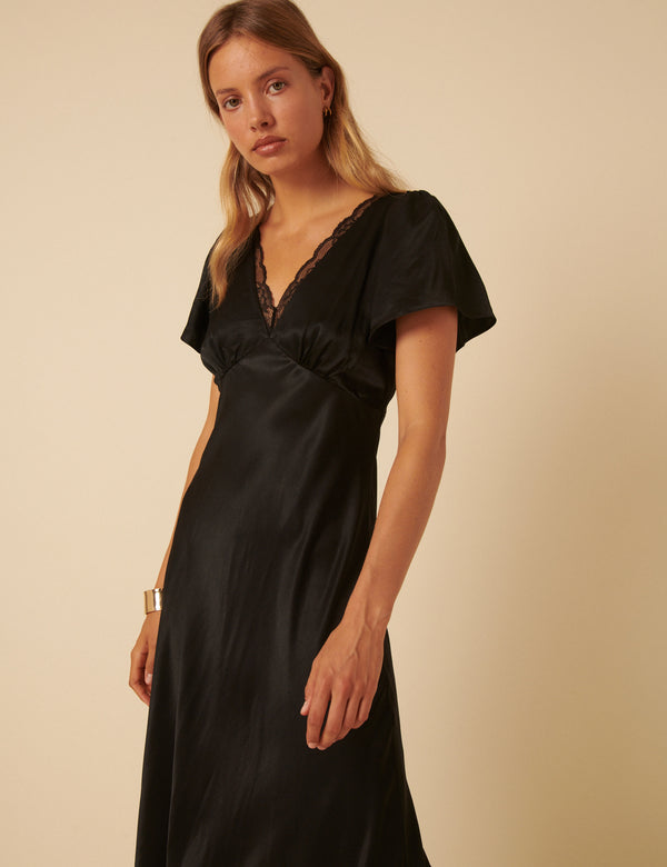 Nobody’s Child Black Satin Lace Detail Sienna Midi Dress