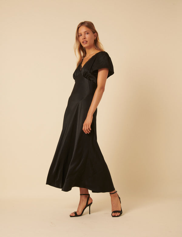 nobody’s child Black Satin Lace Detail Sienna Midi Dress