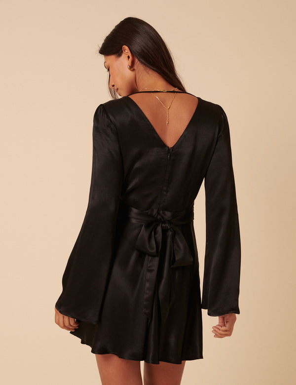 Nobody’s Child Black Satin Long Sleeve Stella Mini Dress