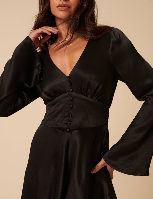 Nobody’s Child Black Satin Long Sleeve Stella Mini Dress