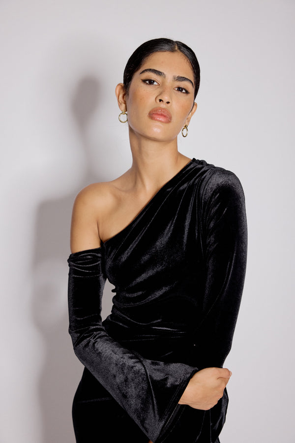 Nobody’s Child Black Velvet Asymmetric Virgo Midi Dress