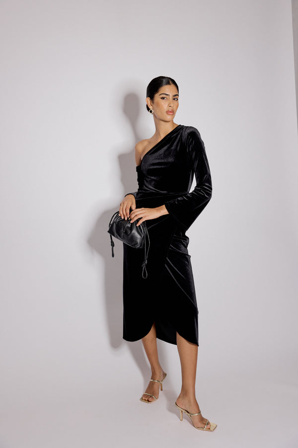 Nobody’s Child Black Velvet Asymmetric Virgo Midi Dress
