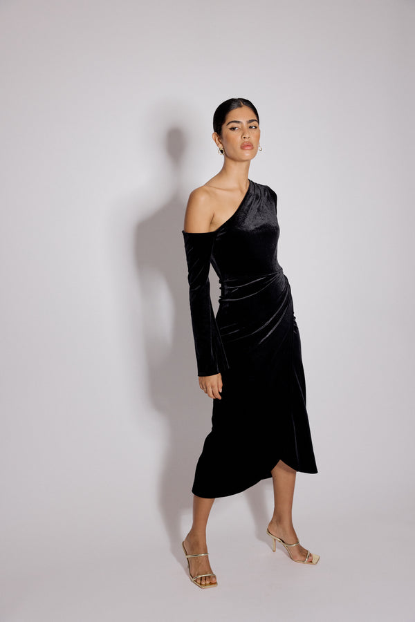 Nobody’s Child Black Velvet Asymmetric Virgo Midi Dress