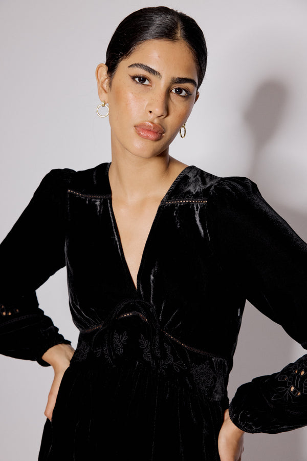 Nobody’s Child Black Velvet Balloon Sleeve Aquarius Mini Dress