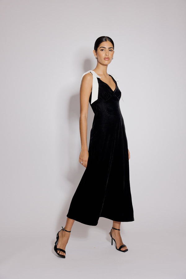 Nobody’s Child Black Velvet Bow Shoulder Lenka Midi Dress