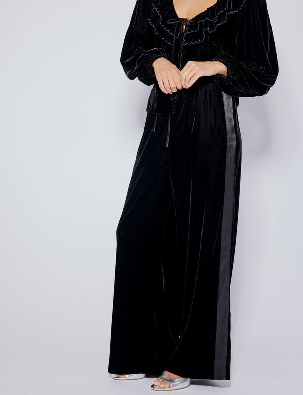 Nobody’s Child Black Velvet Contrast Satin Side Striped Trousers