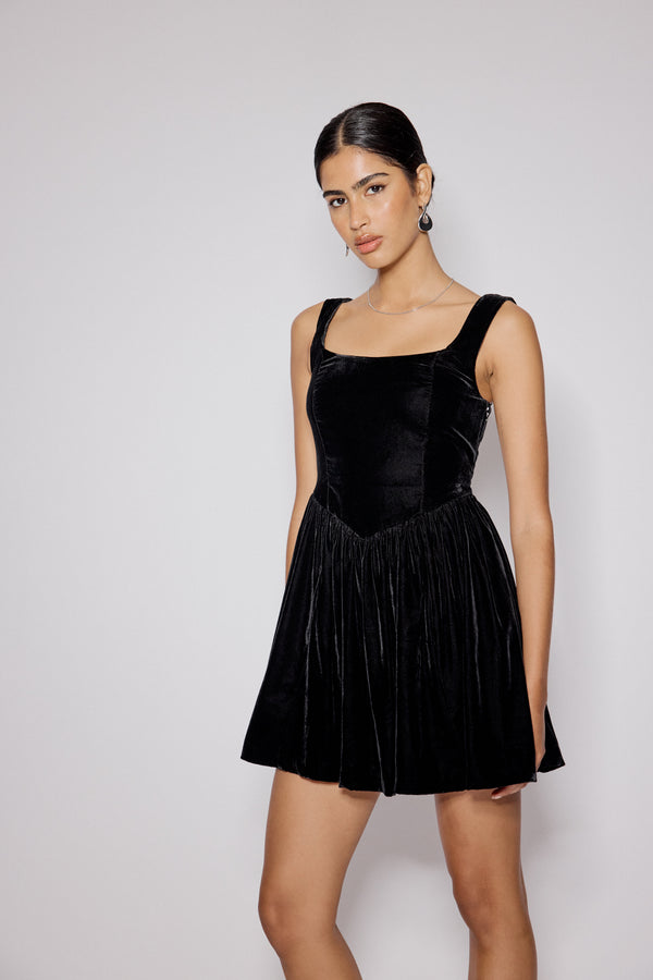 Nobody’s Child Black Velvet Drop Waist Leo Mini Dress