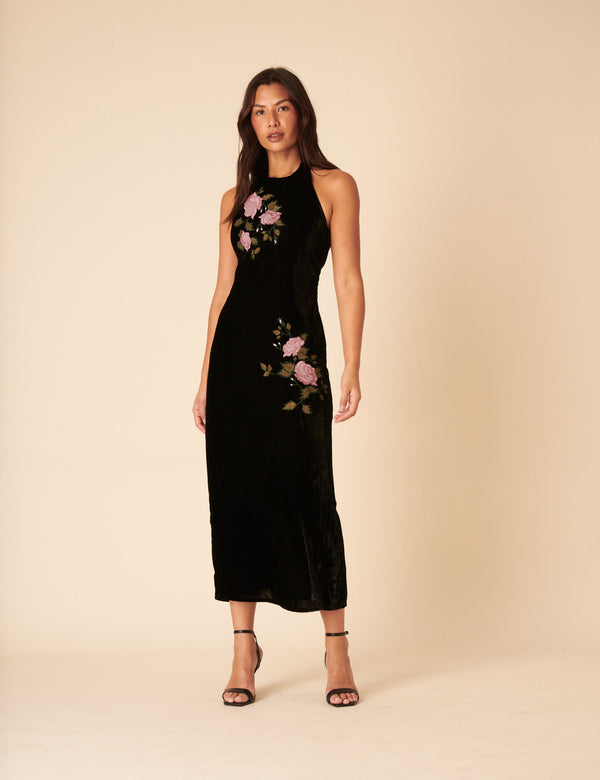 nobody’s child Black Velvet Floral Halter Neck Alexandra Midi Dress