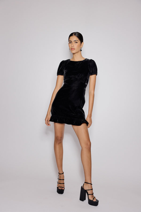 Nobody’s Child Black Velvet Frill Hem Cosmo Mini Dress