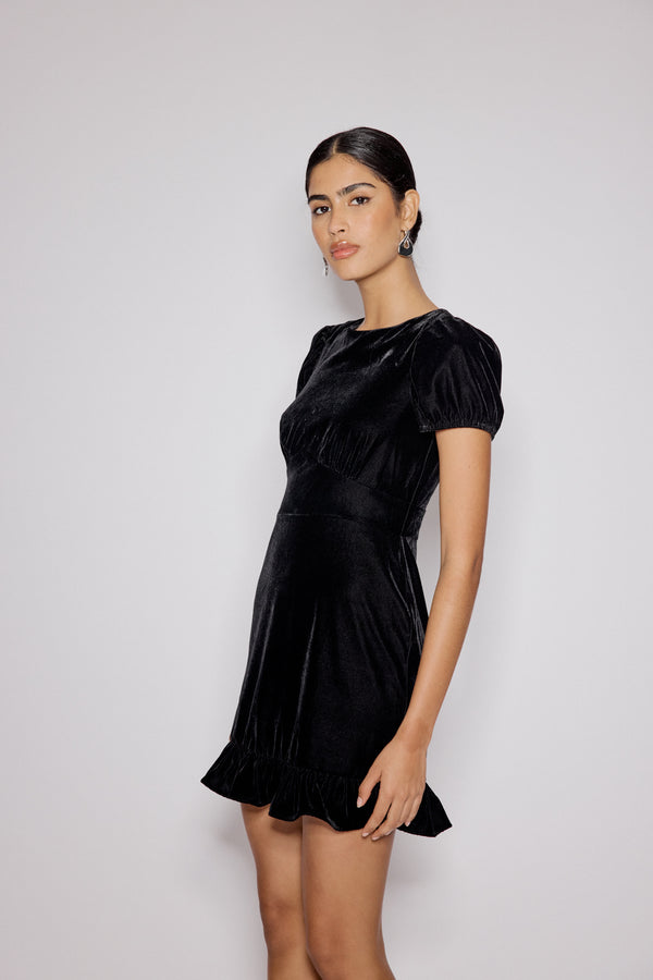 Nobody’s Child Black Velvet Frill Hem Cosmo Mini Dress