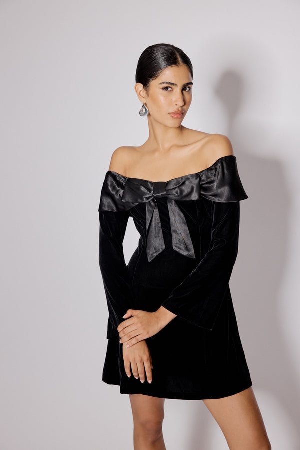 Nobody’s Child Black Velvet Off Shoulder Bow Capricorn Mini Dress