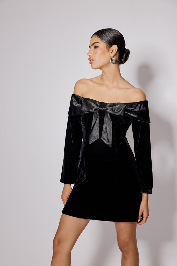 Nobody’s Child Black Velvet Off Shoulder Bow Capricorn Mini Dress