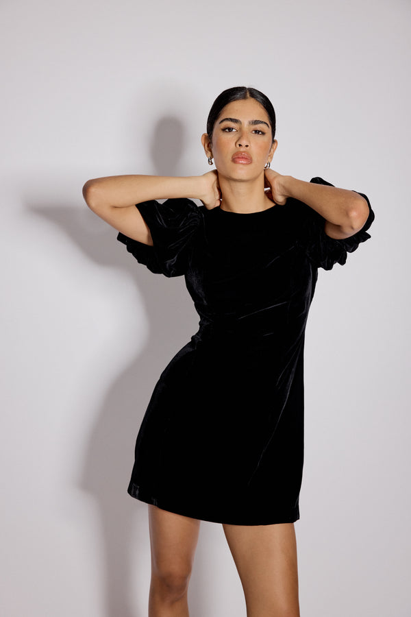 Nobody’s Child Black Velvet Puff Sleeve Boston Mini Shift Dress