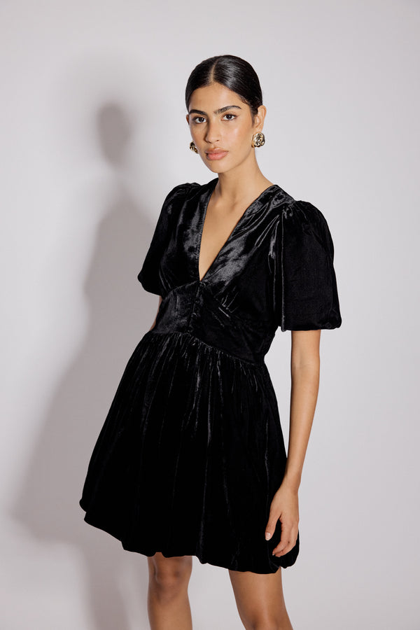 Nobody’s Child Black Velvet Puff Sleeve Starlight Mini Dress