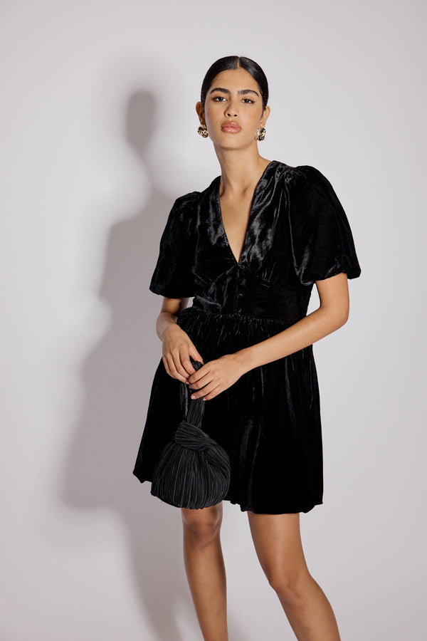 Nobody’s Child Black Velvet Puff Sleeve Starlight Mini Dress