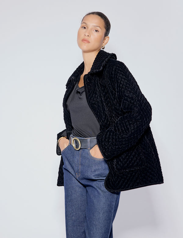 Nobody’s Child Black Velvet Quilted Collared Jacket