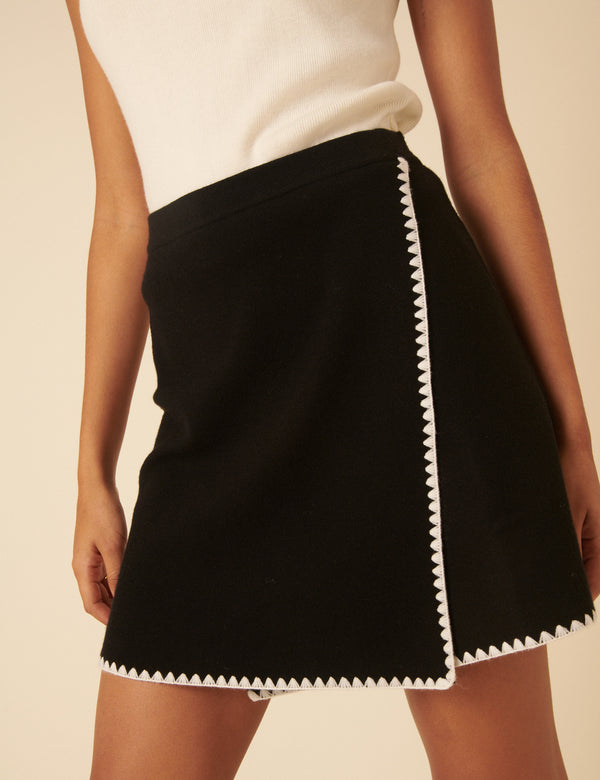 Nobody’s Child Black Whipstitch Knitted Mini Wrap Skirt