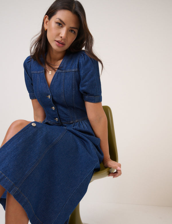 Nobody’s Child Blue Denim Puff Sleeve Sienna Midi Dress