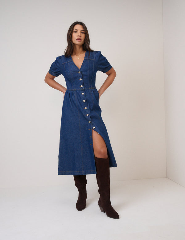 nobody’s child Blue Denim Puff Sleeve Sienna Midi Dress
