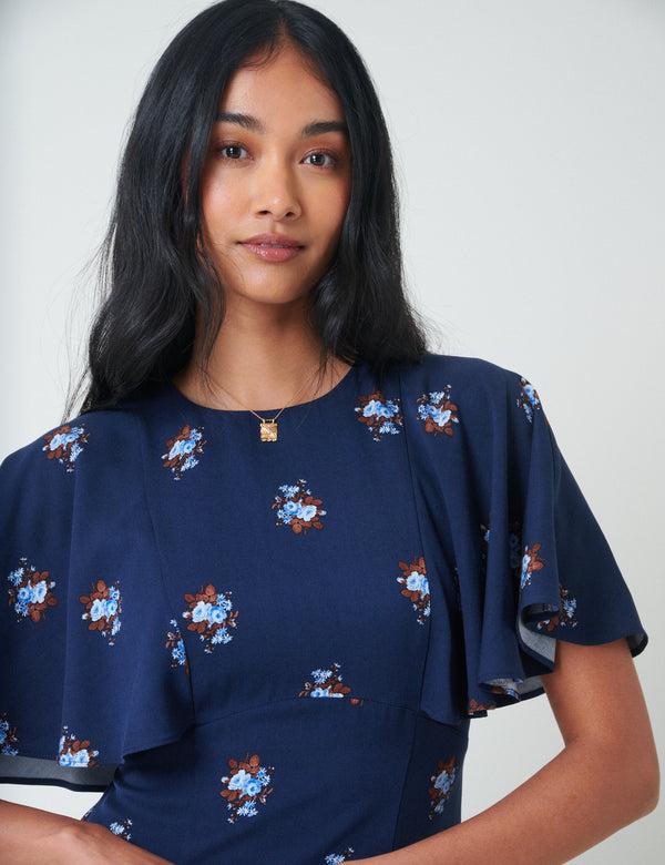 Nobody’s Child Blue Floral Frill Sleeve Verona Midi Dress