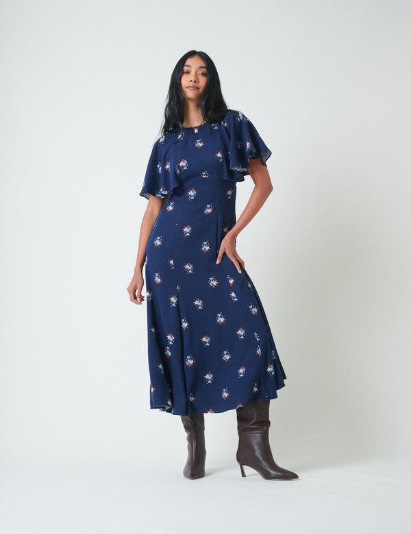Nobody’s Child Blue Floral Frill Sleeve Verona Midi Dress