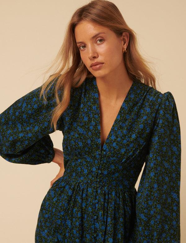 Nobody’s Child Blue Floral Printed Cord Starlight Midi Dress