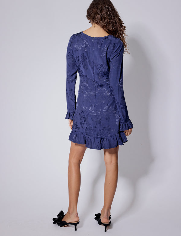 Nobody’s Child Blue Floral Satin Jacquard Long Sleeve Frill Bella Mini Dress