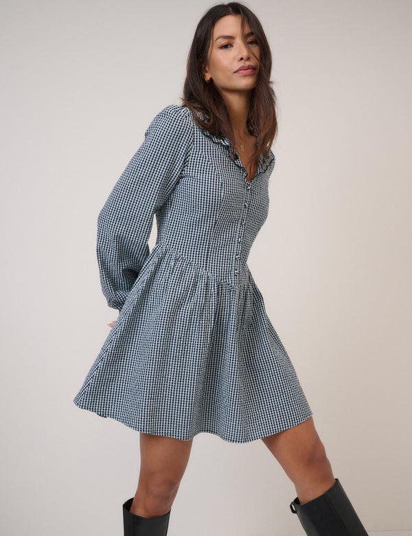 Nobody’s Child Blue Gingham Balloon Sleeve Mini Dress