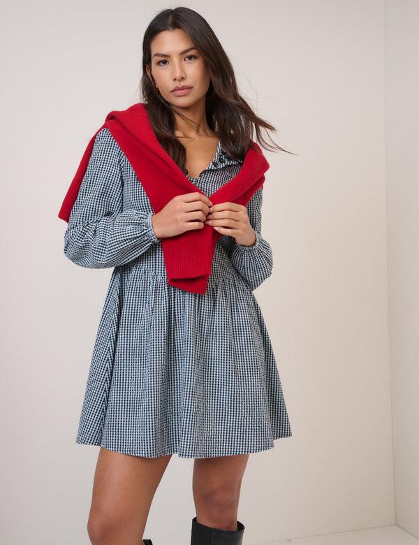 Nobody’s Child Blue Gingham Balloon Sleeve Mini Dress