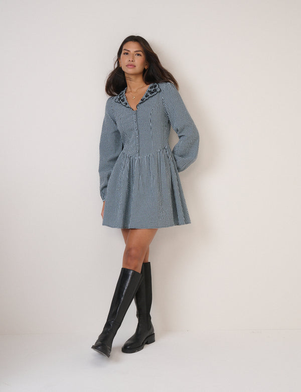 Nobody’s Child Blue Gingham Balloon Sleeve Mini Dress
