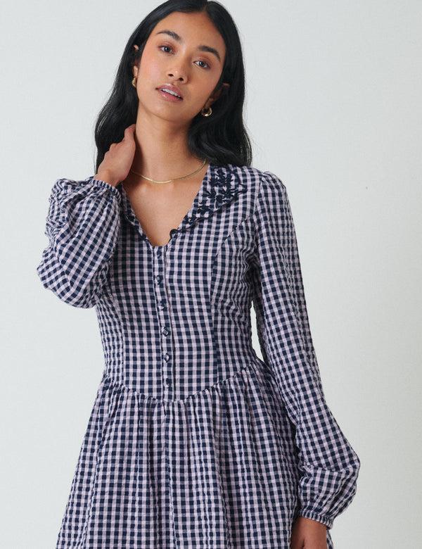 Nobody’s Child Blue Gingham Floral Collar Sienna Mini Dress