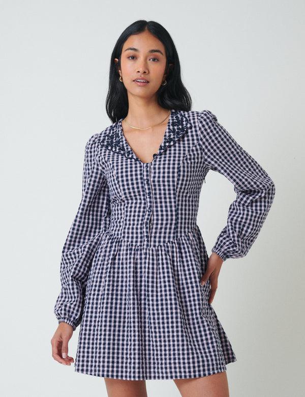 Nobody’s Child Blue Gingham Floral Collar Sienna Mini Dress