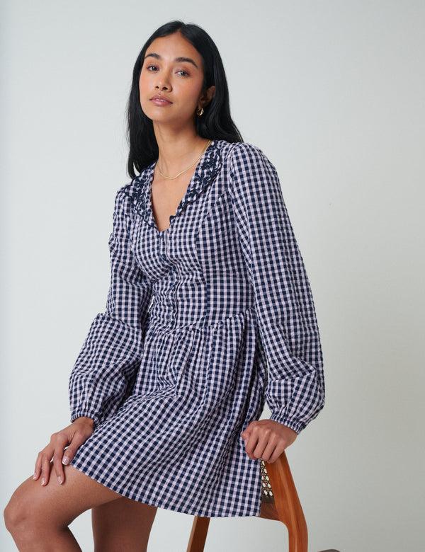 nobody’s child Blue Gingham Floral Collar Sienna Mini Dress