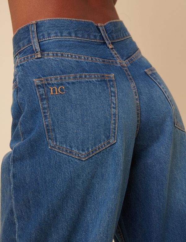 Nobody’s Child Blue High Rise Horseshoe Barrel Leg Jeans