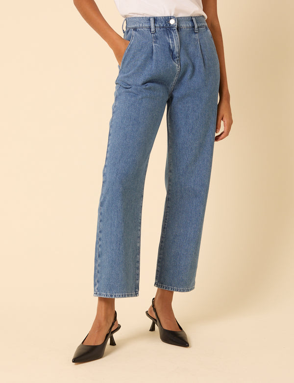 Nobody’s Child Blue High Rise Pleated Straight Leg Jeans