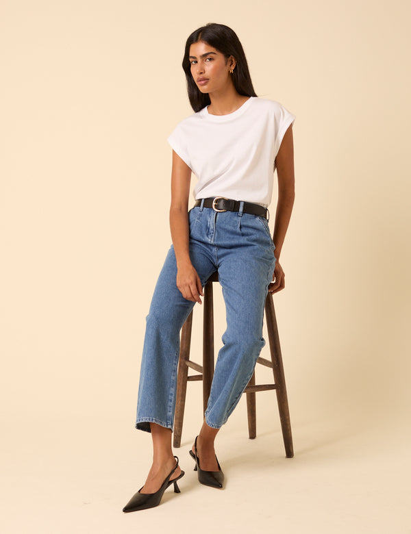 Nobody’s Child Blue High Rise Pleated Straight Leg Jeans