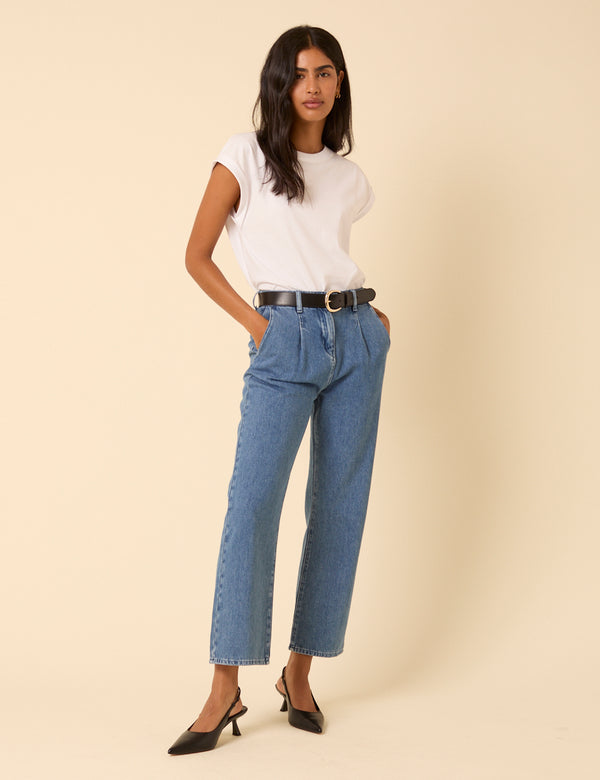 nobody’s child Blue High Rise Pleated Straight Leg Jeans