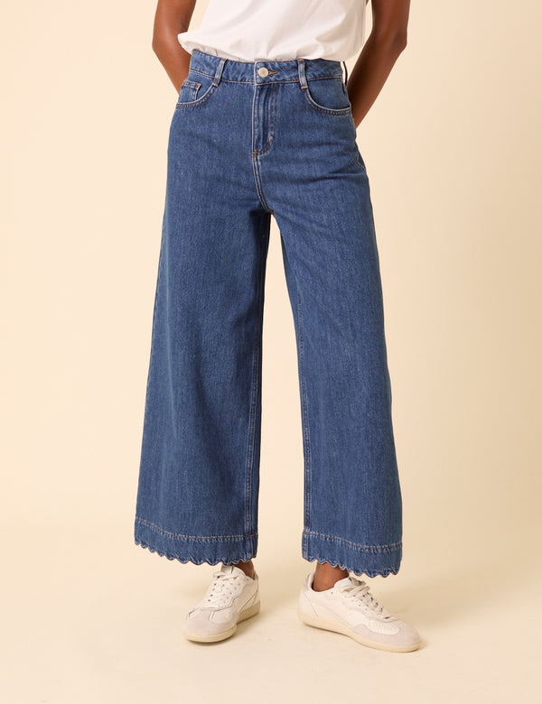 Nobody’s Child Blue High Rise Scallop Trim Cropped Palazzo Jeans