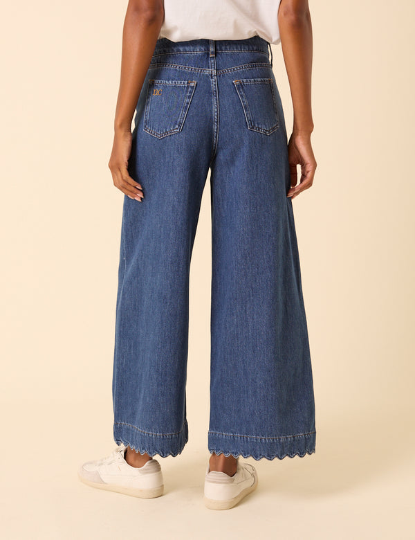 Nobody’s Child Blue High Rise Scallop Trim Cropped Palazzo Jeans