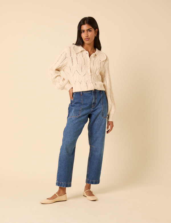 Nobody’s Child Blue Mid Rise Utility Barrel Leg Jeans