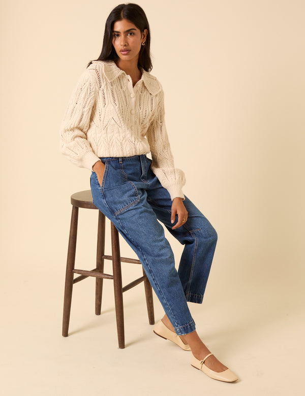 Nobody’s Child Blue Mid Rise Utility Barrel Leg Jeans